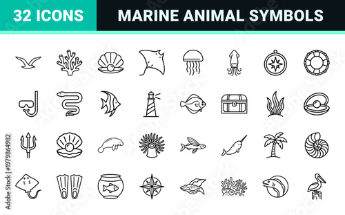 Ocean animal and sea life minimalist line icons in grid layout.