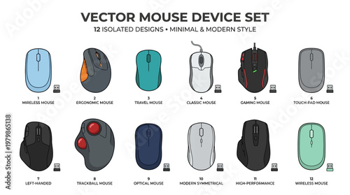 Collection of computer mouse vector icons including wireless ergonomic gaming and trackball designs