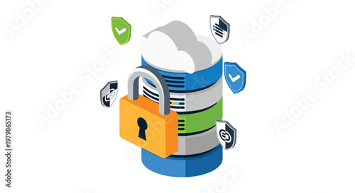 This isometric vector illustration features a secure database server protected by a large padlock and multiple floating security shields.