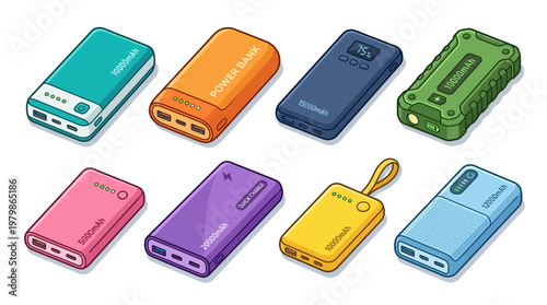 Set of colorful power bank vector illustrations for portable charging and technology concepts