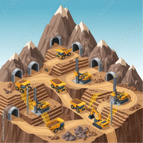 Isometric Mining Operation in Mountainous Terrain with Heavy Machinery.