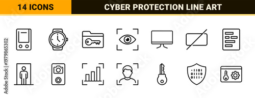 Cybersecurity and data protection outline icon set for web security