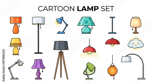 Collection of various cartoon lamp vector icons set isolated on white background