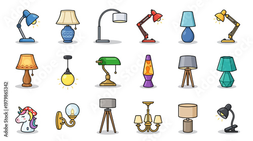 Set of vector illustrations featuring various types of lamps and lighting fixtures isolated on white