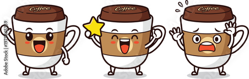 Cute coffee cup cartoon characters set. Funny kawaii mascot emotions. Happy, excited and shocked expressions for cafe branding, stickers, and social media design.