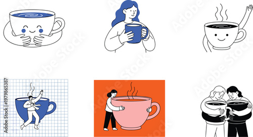 Cute coffee illustration set vector. Minimal character and cup scenes. Cozy beverage moments for cafe branding, lifestyle design, and social media content.