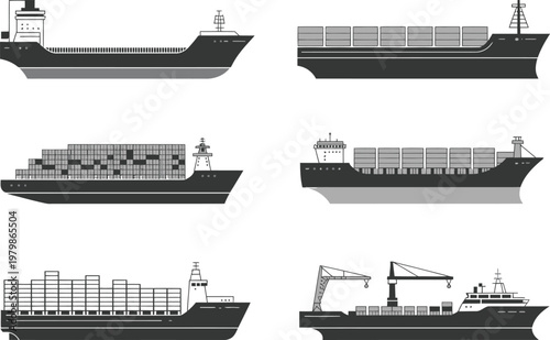 Set of various cargo ship icons illustrating maritime logistics and international ocean freight shipping transport vessels