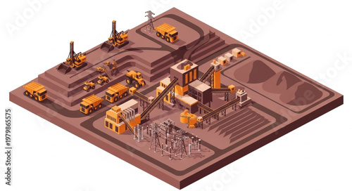 Isometric Mining Operation Illustration - Detailed Industrial Landscape.