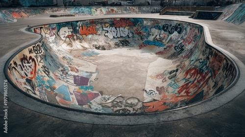 Abandoned Skate Park with Colorful Graffiti Art and Empty Pool