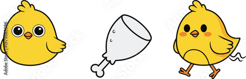 Cute yellow chick cartoon set. Funny baby chicken character with roasted drumstick illustration. Adorable farm animal vector for kids design and food concept.