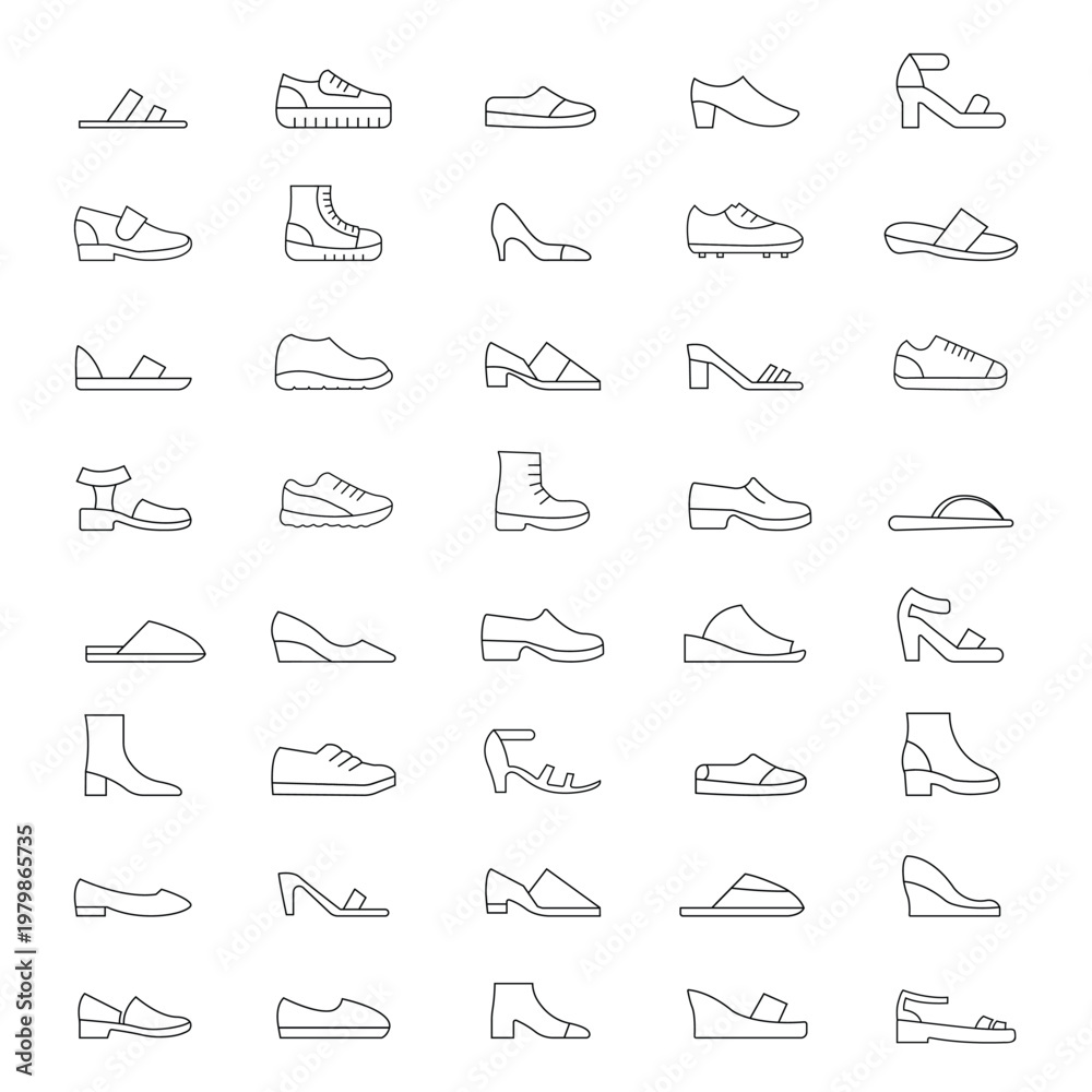 Obraz premium Footwear and Shoe Icon Set – Sneakers, High Heels, Boots and Fashion Shoes Vector Collection.eps10