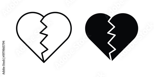 Broken heart icon. Flat and outline icons. Black icons