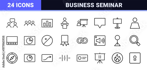 Minimalist seminar and business presentation line icon set for corporate training.