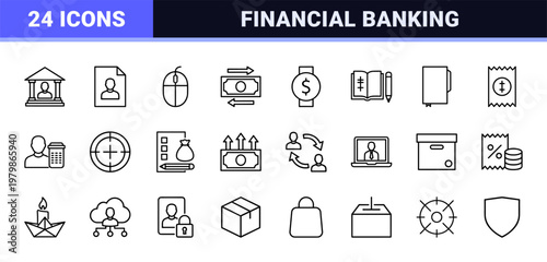 Minimalist financial banking and business management outline icon set