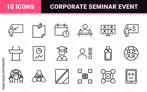 Professional conference and seminar event line icon set.