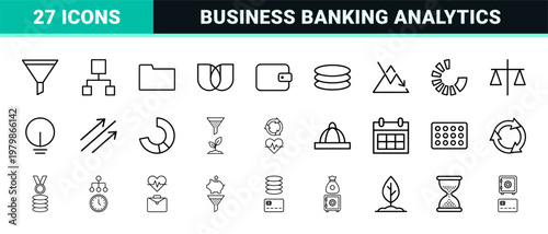 Business and finance outline icon set for data analytics and banking