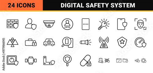 Security technology and data protection minimalist thin line icons set