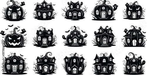 Spooky Halloween pumpkin house silhouette set featuring haunted pumpkin cottages with ghosts bats and glowing windows in a high contrast black and white style.