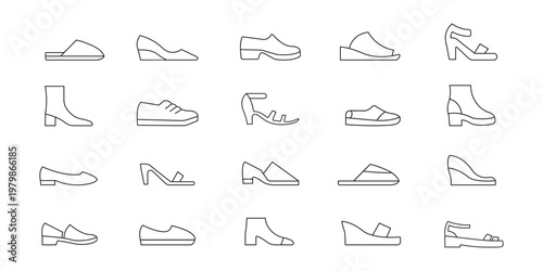 Slika na platnu Fashion Footwear Icon Set – Sneakers, Heels, Loafers and Shoe Line Vector Collec