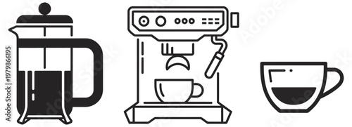 Coffee, machine icon set, kitchen appliance vector collection, minimal outline and solid coffee maker icons, cafe, barista, beverage preparation, home kitchen design, flat vector graphics for apps, 