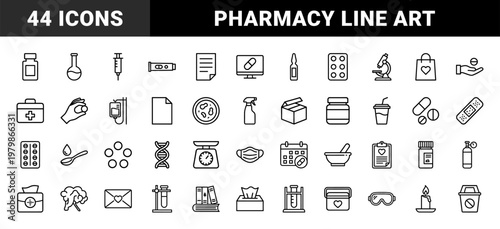 Healthcare and pharmacy line icon set for medical and drug supplies
