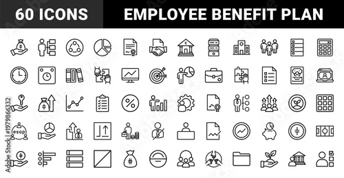 Business ESOP finance and employee benefit minimalist outline icons