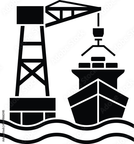 port solid icon illustration representing sea port harbor logistics cargo shipping and trade transportation system for digital UI design use