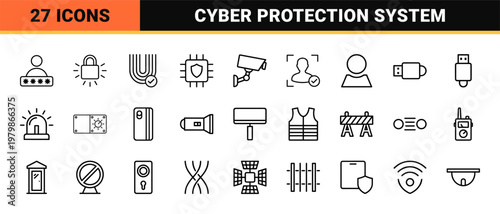 Cyber security and data protection thin line icons