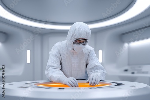 Scientist works in a laboratory wearing protective gear while conducting experiments with lab equipment