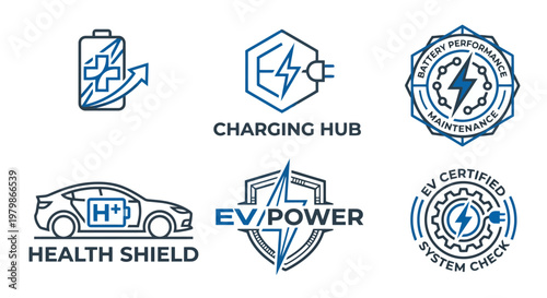 Electric Vehicle EV Charging and Battery Maintenance Logo Set with Energy Health Shield and Power Station Icons