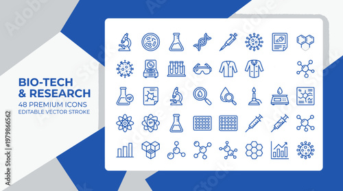 Biotechnology and Science Research Icon Set with Microscope DNA Helix Laboratory Glassware and Medical Equipment Line Art