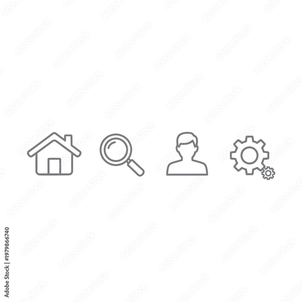 Fototapeta premium A set of four simple line icons representing a house, magnifying glass, user silhouette, and gear icon, ideal for user interface design and web applications