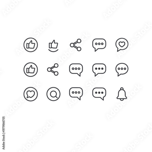 Set of social media icons including likes, shares, speech bubbles, hearts, search, and notifications on a white background