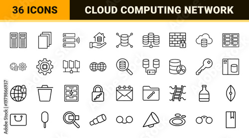 Minimalist outline icons for server networks and cloud data storage.