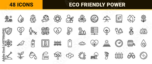 Sustainable energy and eco friendly line icons for environmental projects