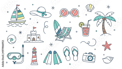 Summer beach vacation doodle icons, hand drawn tropical holiday vector set, pastel coastal travel elements for seasonal design and tourism branding vector illustration