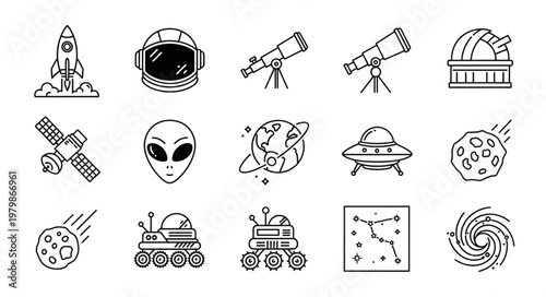 Space Exploration Icons Set Rocket Astronaut Helmet Telescope Satellite Alien Planet UFO Asteroid Rover Constellation Galaxy.