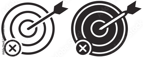 Dartboard with missed shot icon failure target aim sign symbol, unsuccessful goal achievement and accuracy error concept, business performance loss and strategy mistake vector