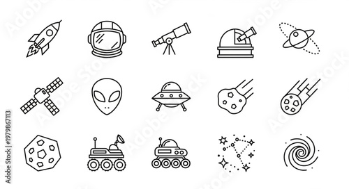 Space Exploration Icons Set Rocket Astronaut Telescope UFO.