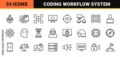 Software development and coding line icons set