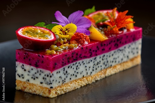 Dessert made with dragon fruit, passion fruit, and various toppings served on a black plate