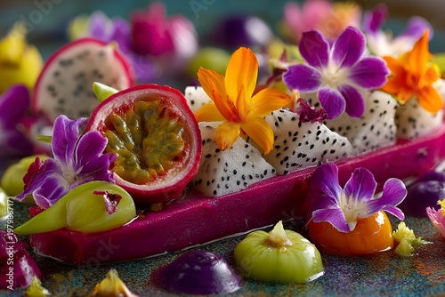 Colorful fruit dessert with flowers served on a plate at a restaurant in the evening