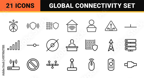 Minimalist wireless network and data connectivity line icon set