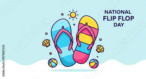 Vibrant flip flops and beach balls celebrate national flip flop day on sunny sandy beach