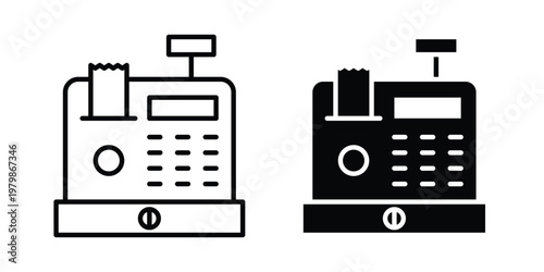 Cash register icon. Flat and outline icons. Black icons