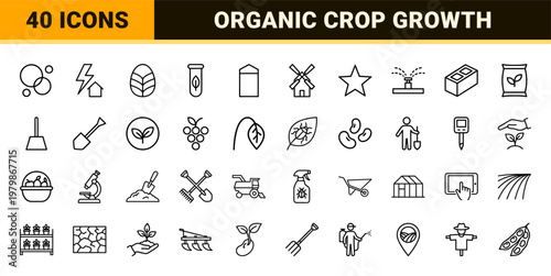 Minimalist agriculture and farming outline icon set for smart gardening.
