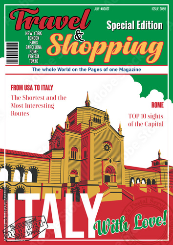 Travel and Shopping Magazine Fake Cover. Italy with Love. Milan Monumental Cemetery Tourist Attraction Illustration. Italian Flag, Vector Template for Touristic Illustrations, Posters, Covers