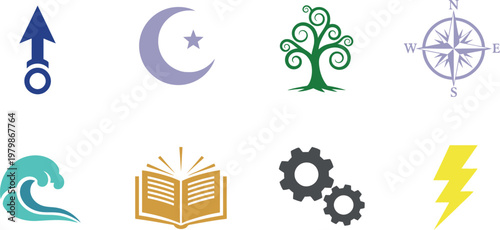 Minimalist symbolic icons set, collection of 8 flat vector elements, nature and industry metaphors for branding, simple graphic design assets vector illustration