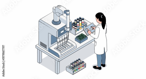 Female Scientist Using Tablet to Control Automated Robotic Liquid Handler in Biotechnology Laboratory Illustration