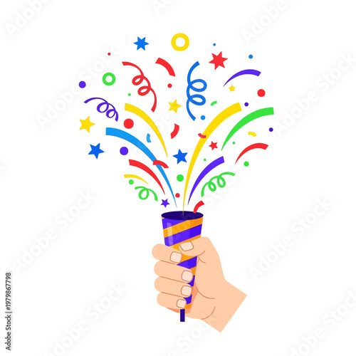 Hand Holding Party Popper Exploding Colorful Confetti and Streamers Celebration